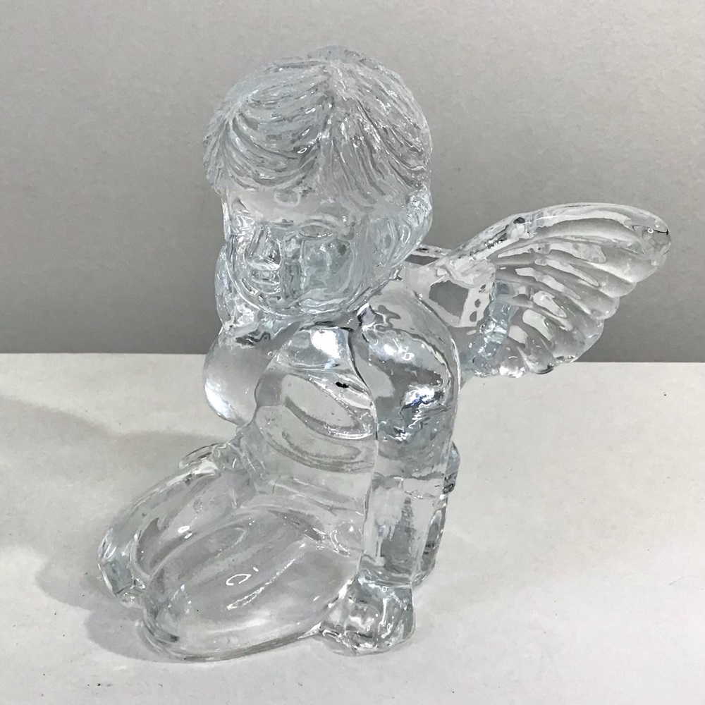 Vintage Angel Cherub Taper Candle Holder Heavy Clear Glass 5.25”H Excellent - Picture 2 of 12